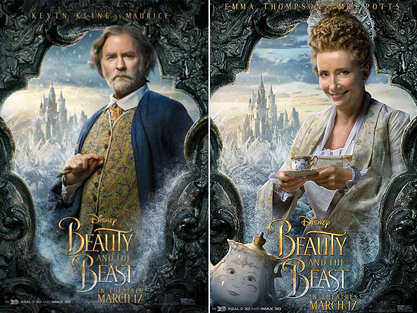 Kevin Kline como Maurice, o pai da Bela e Emma Thompson como Ms Potts